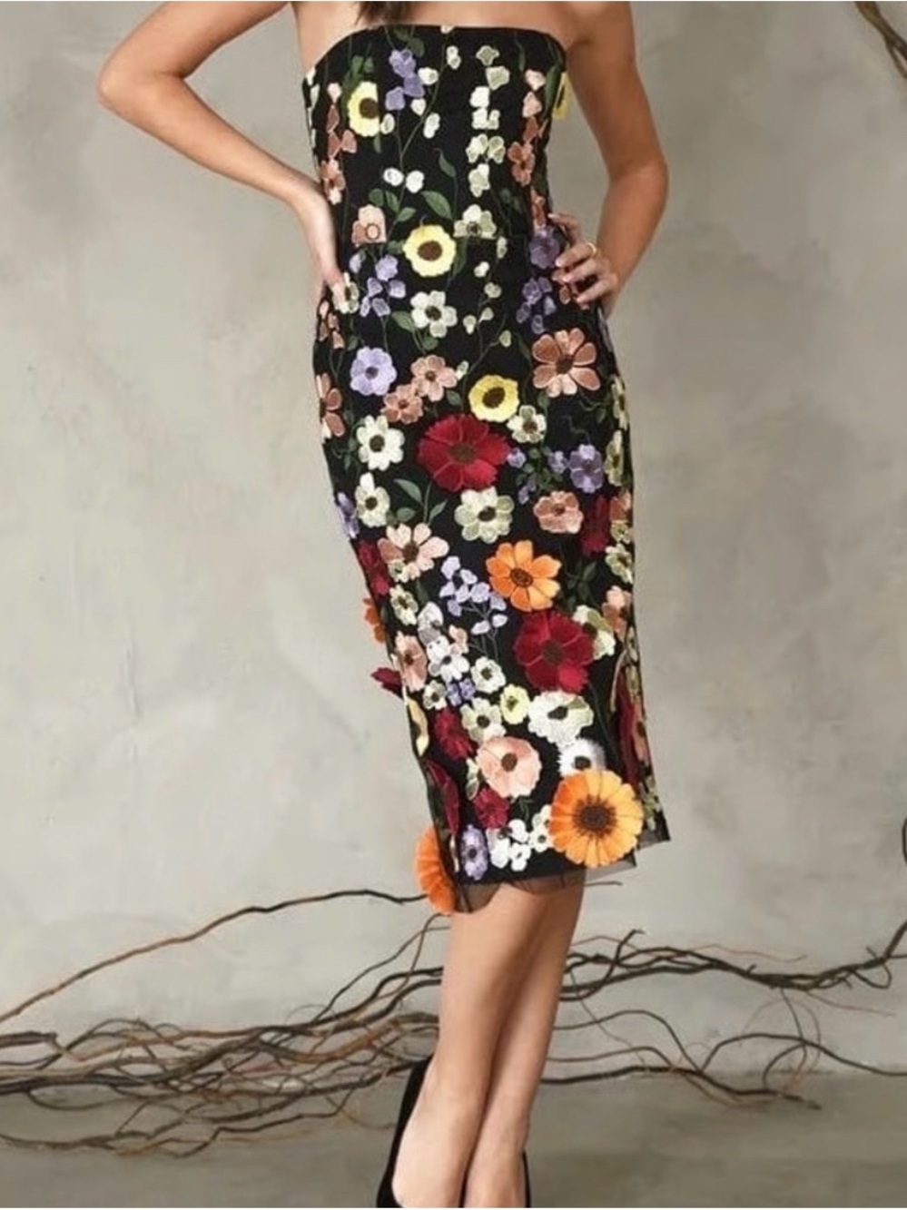 Adelyn Rae Strapless Midi Dress in Black with Multicolor Flowers